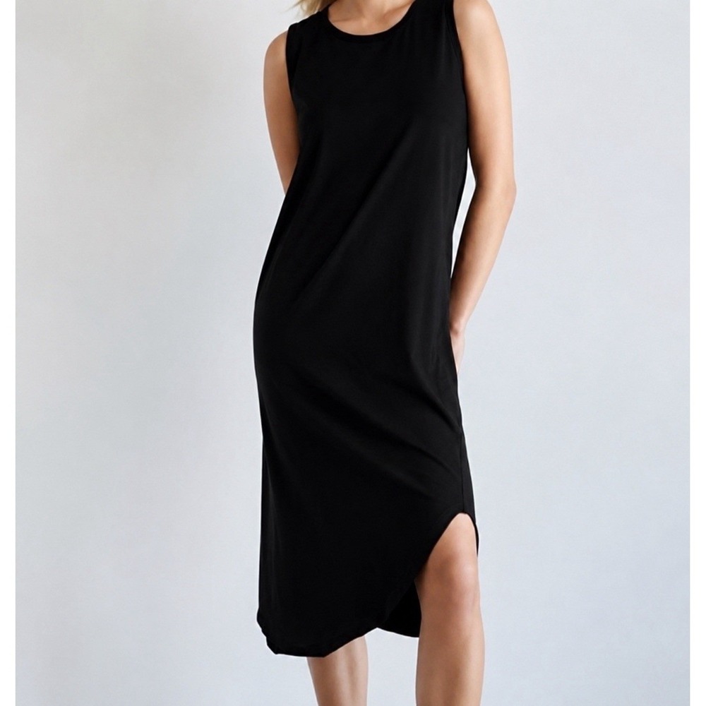 Frank & Eileen knit Tee Midi Dress Women Black Sleeveless Asymmetric Raw Hem Sm